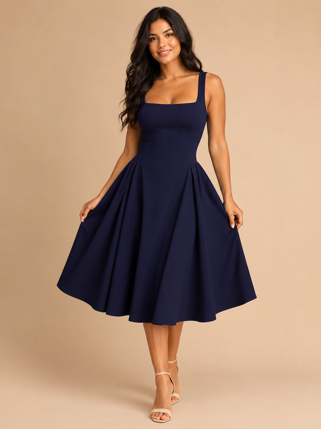 Women's Square-Neck Midi Dress with Flared Skirt