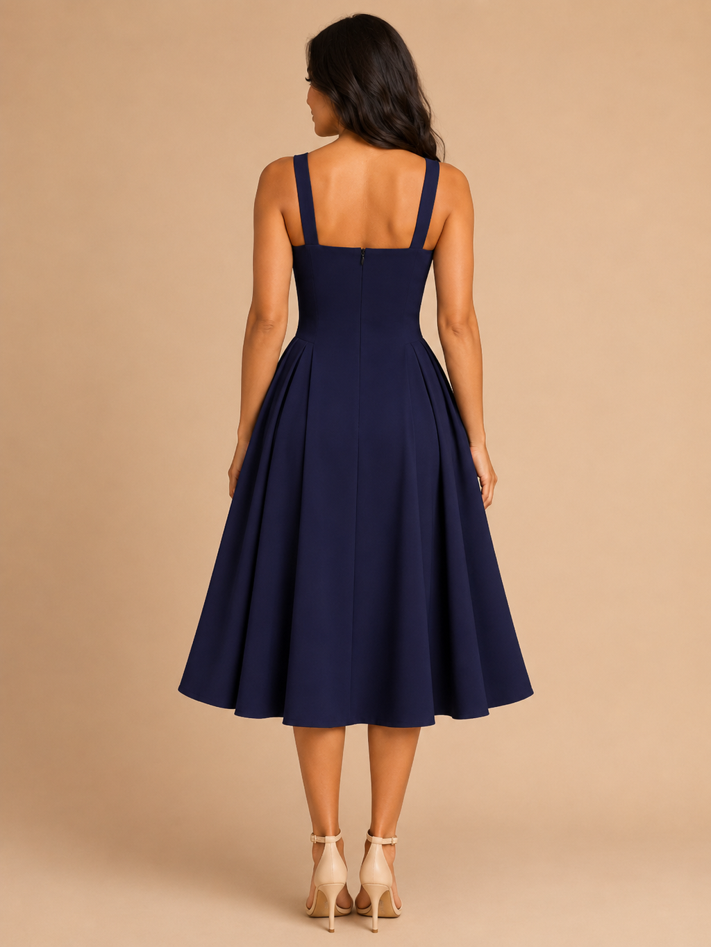 Women's Square-Neck Midi Dress with Flared Skirt