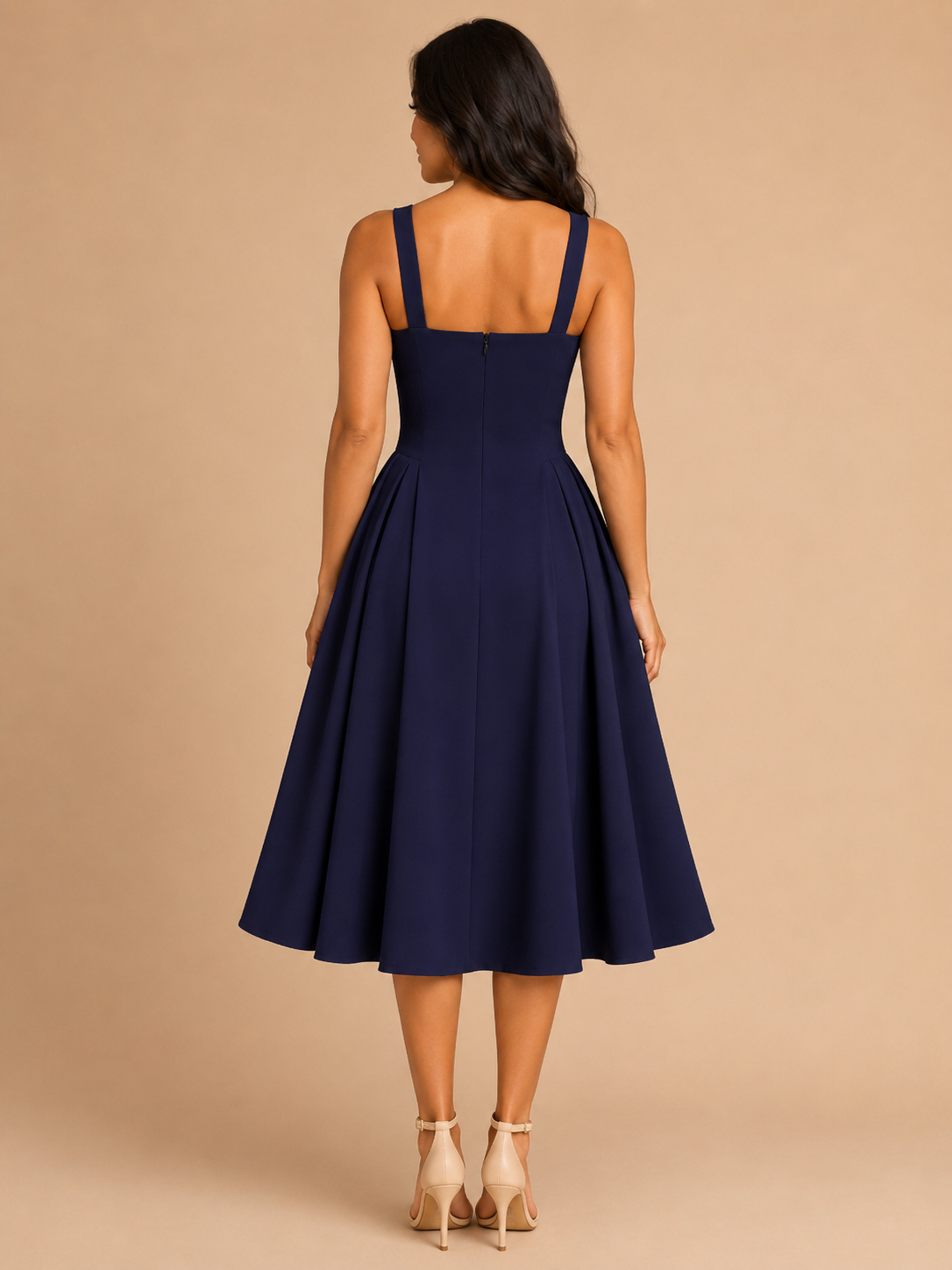 Women's Square-Neck Midi Dress with Flared Skirt