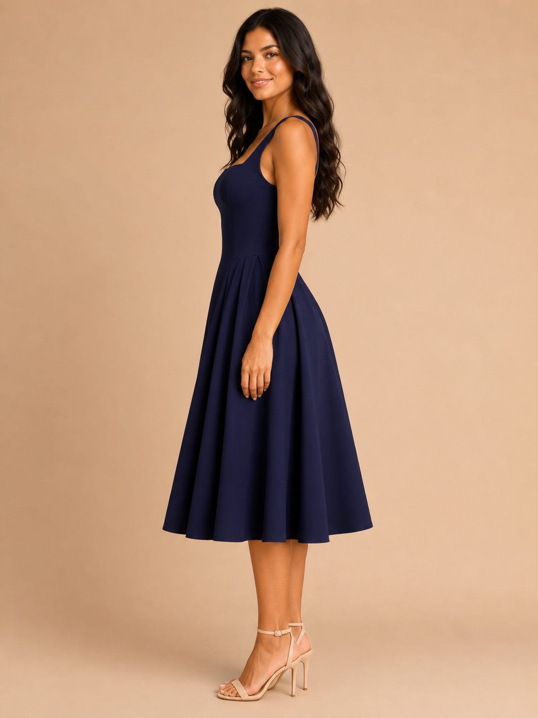 Women's Square-Neck Midi Dress with Flared Skirt