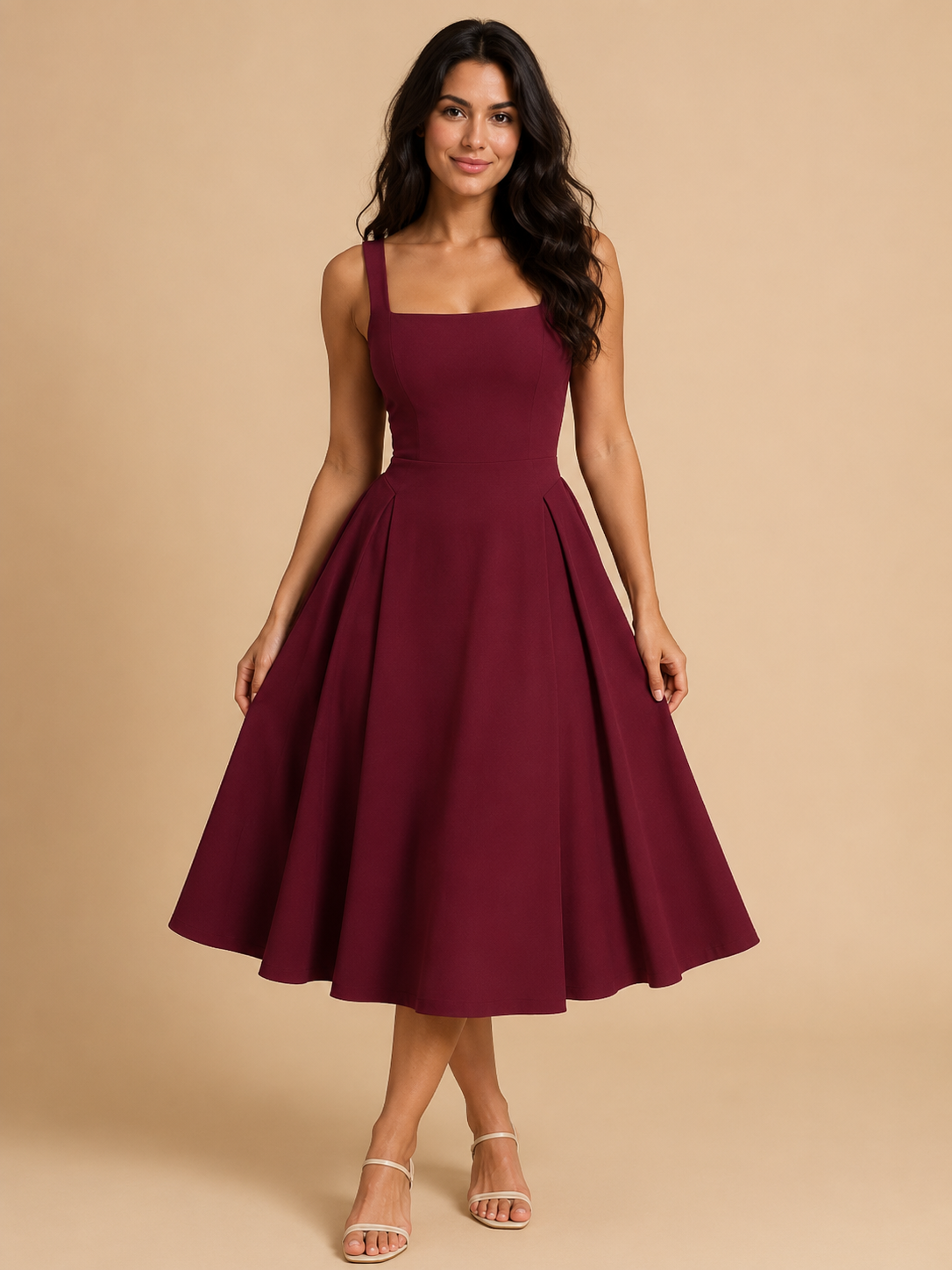 Women's Square-Neck Midi Dress with Flared Skirt