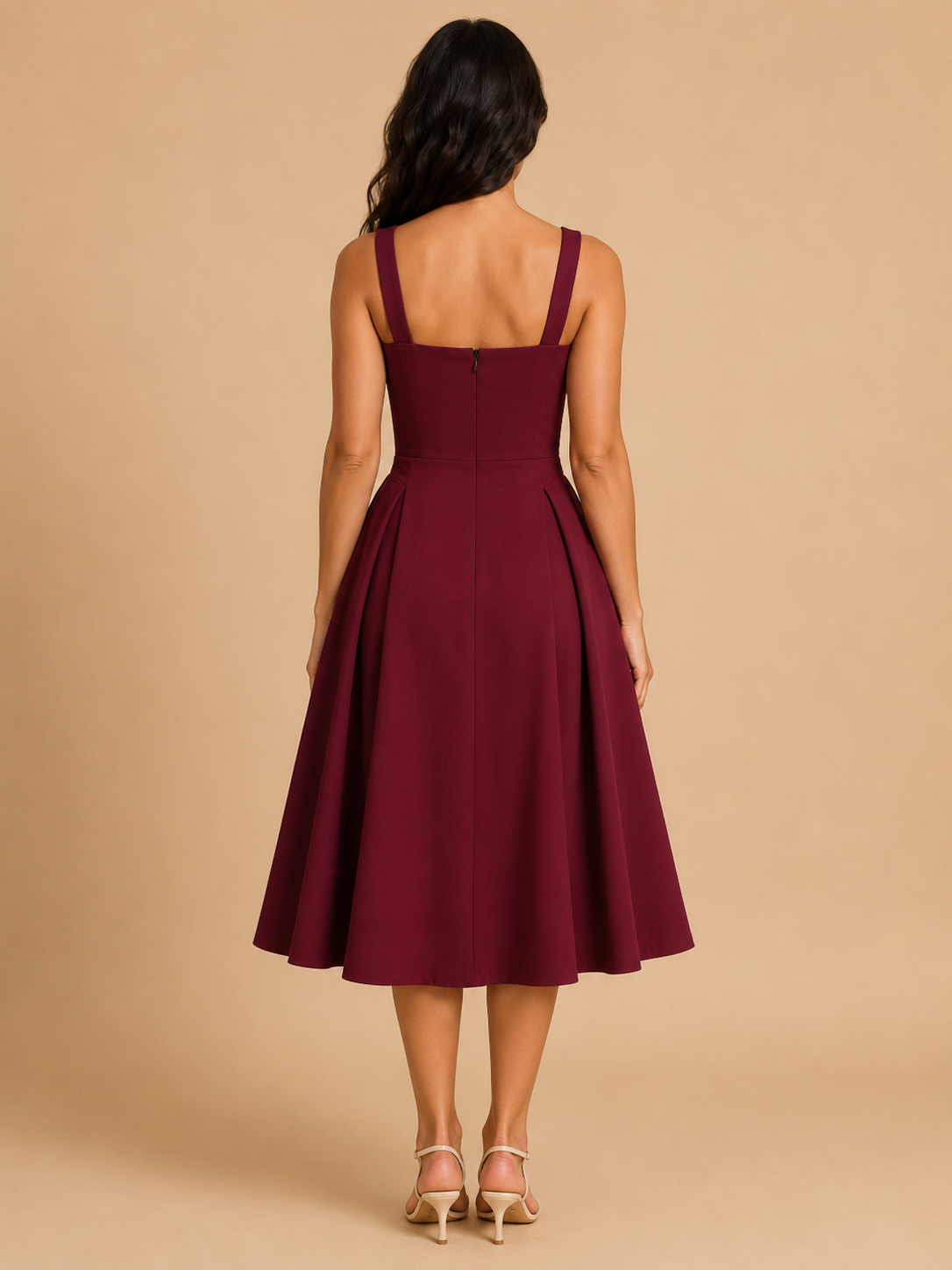Women's Square-Neck Midi Dress with Flared Skirt