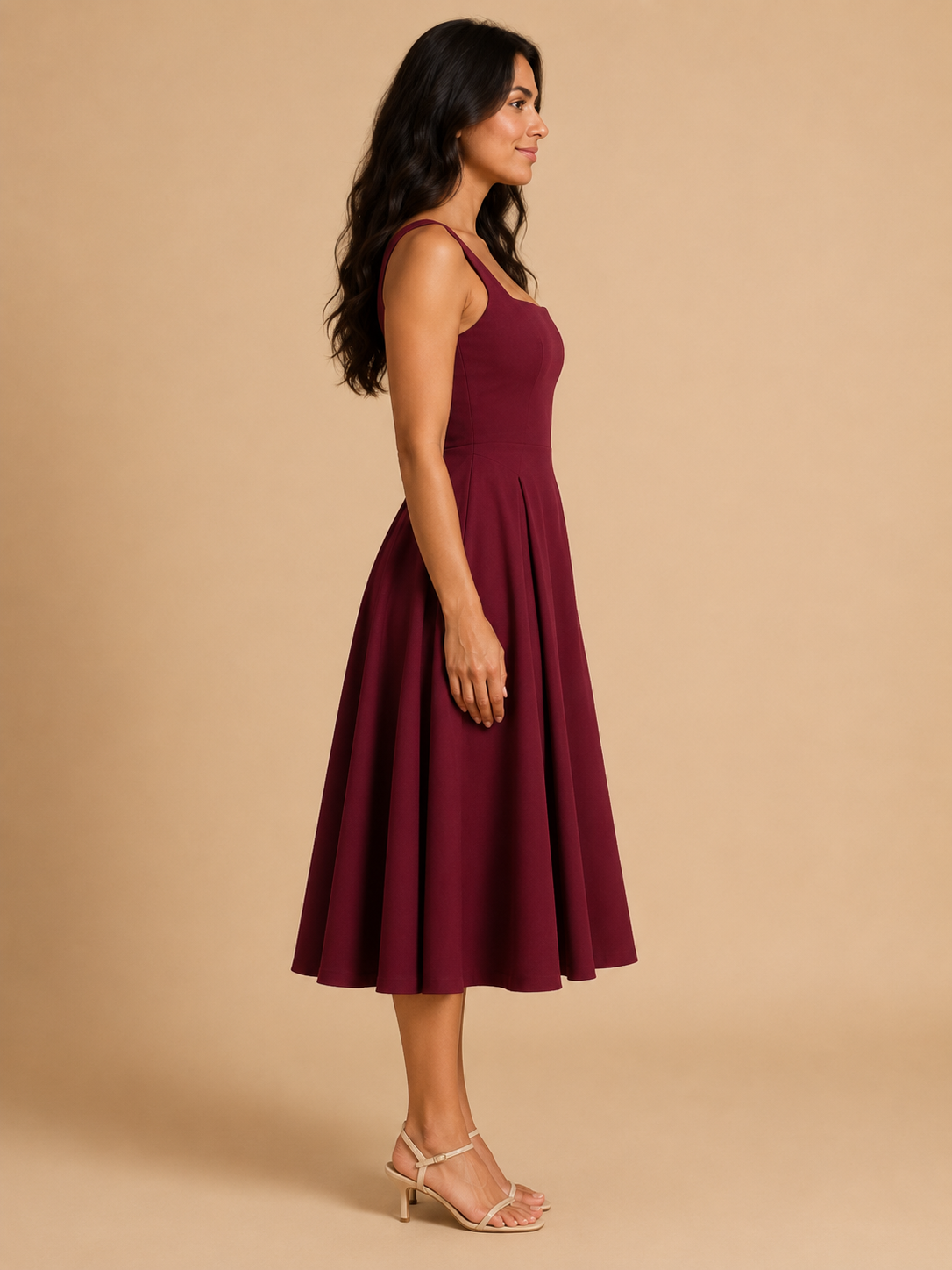 Women's Square-Neck Midi Dress with Flared Skirt