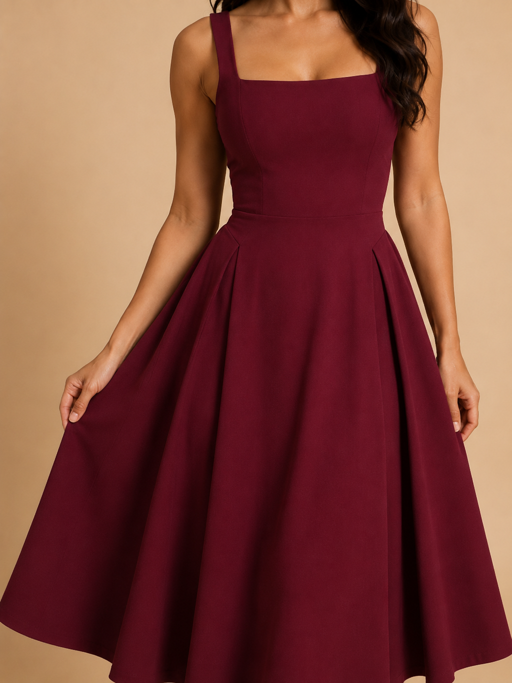 Women's Square-Neck Midi Dress with Flared Skirt