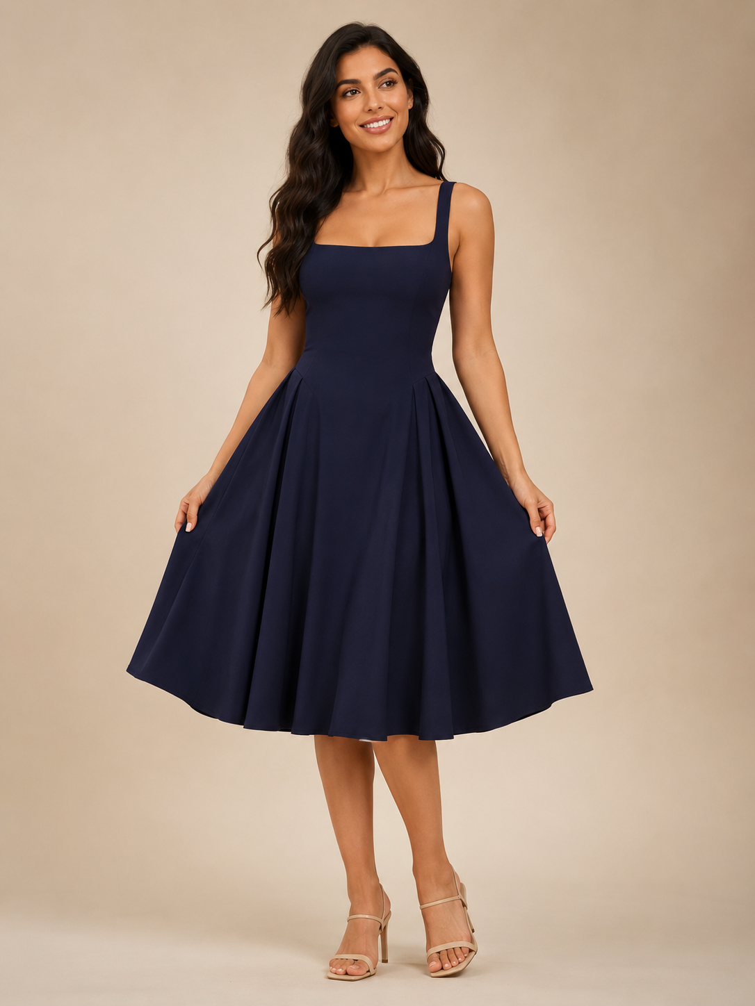 Women's Square-Neck Midi Dress with Flared Skirt