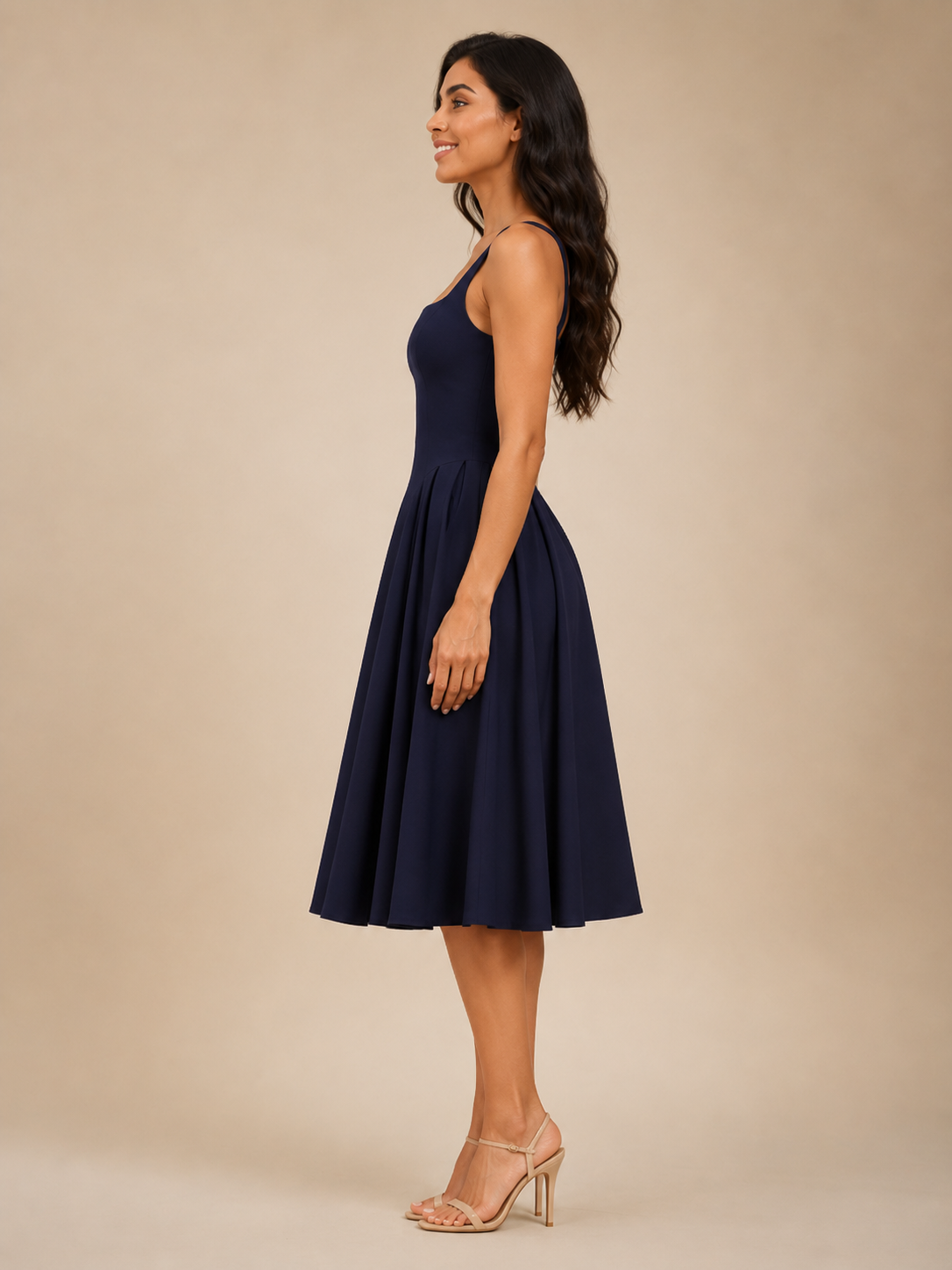 Women's Square-Neck Midi Dress with Flared Skirt
