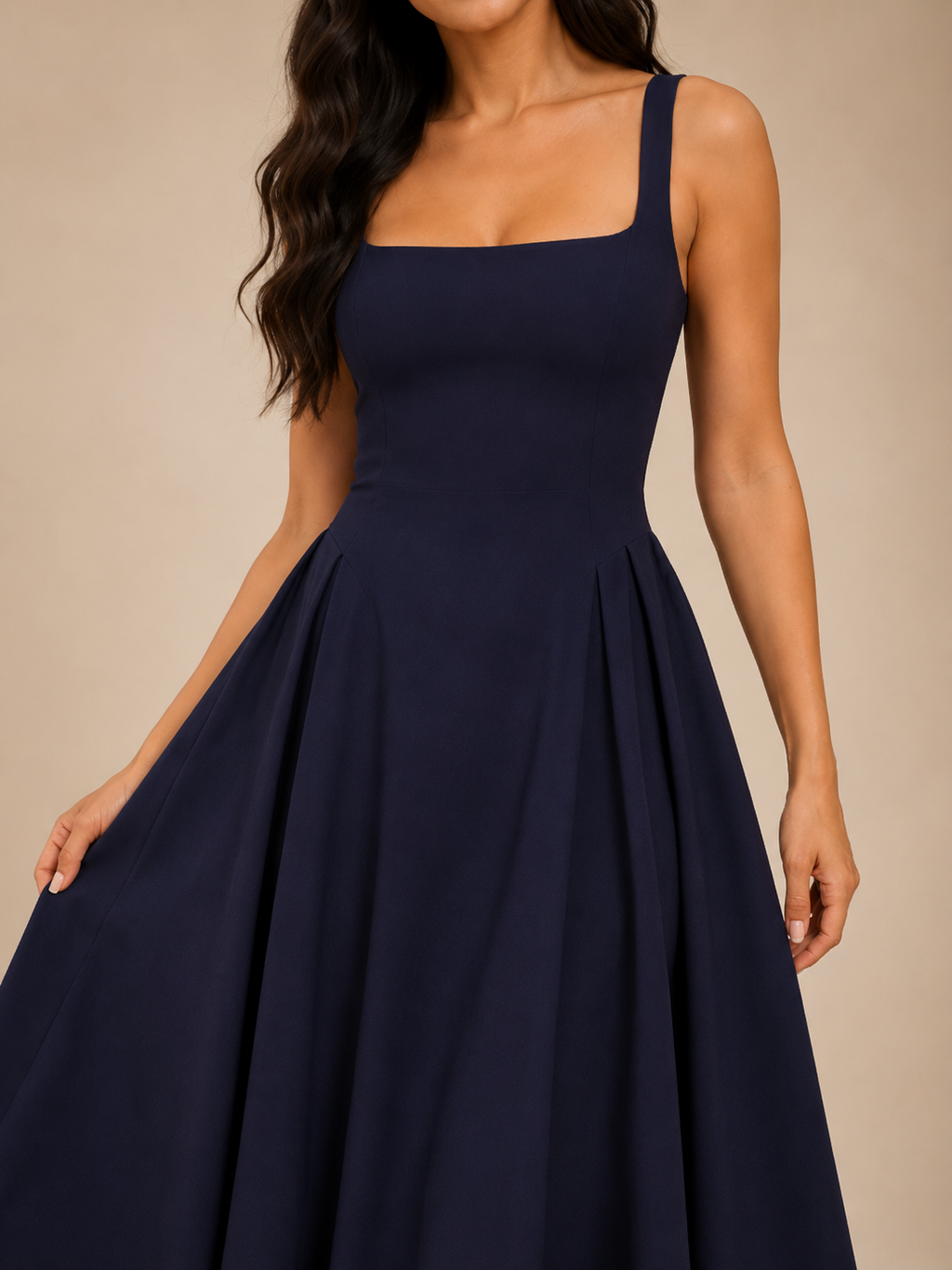 Women's Square-Neck Midi Dress with Flared Skirt