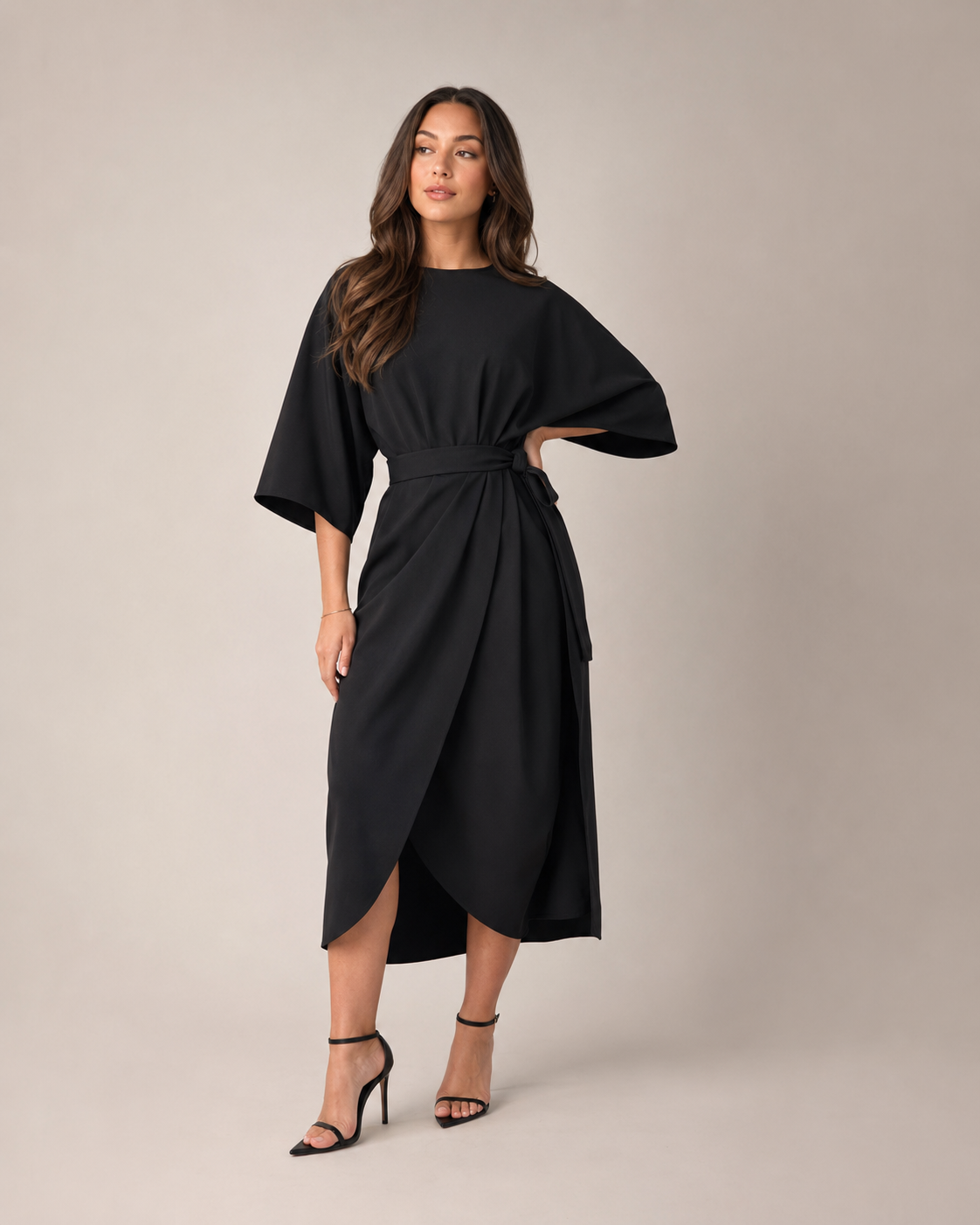 Women's Fitted Maxi Dress with Lace-Up Waist and Three-Quarter Sleeves