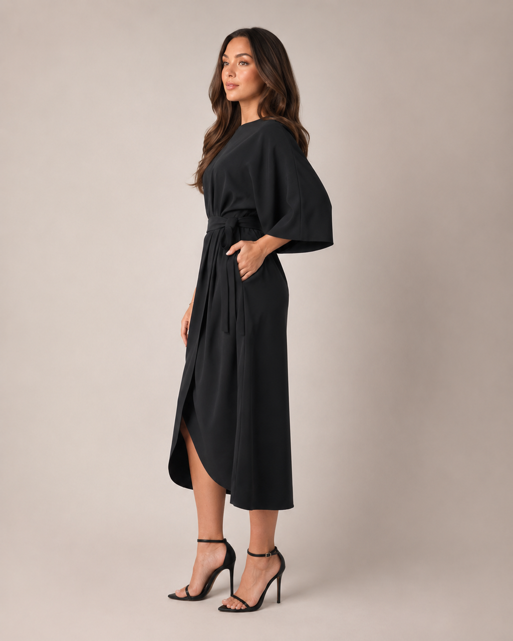 Women's Fitted Maxi Dress with Lace-Up Waist and Three-Quarter Sleeves