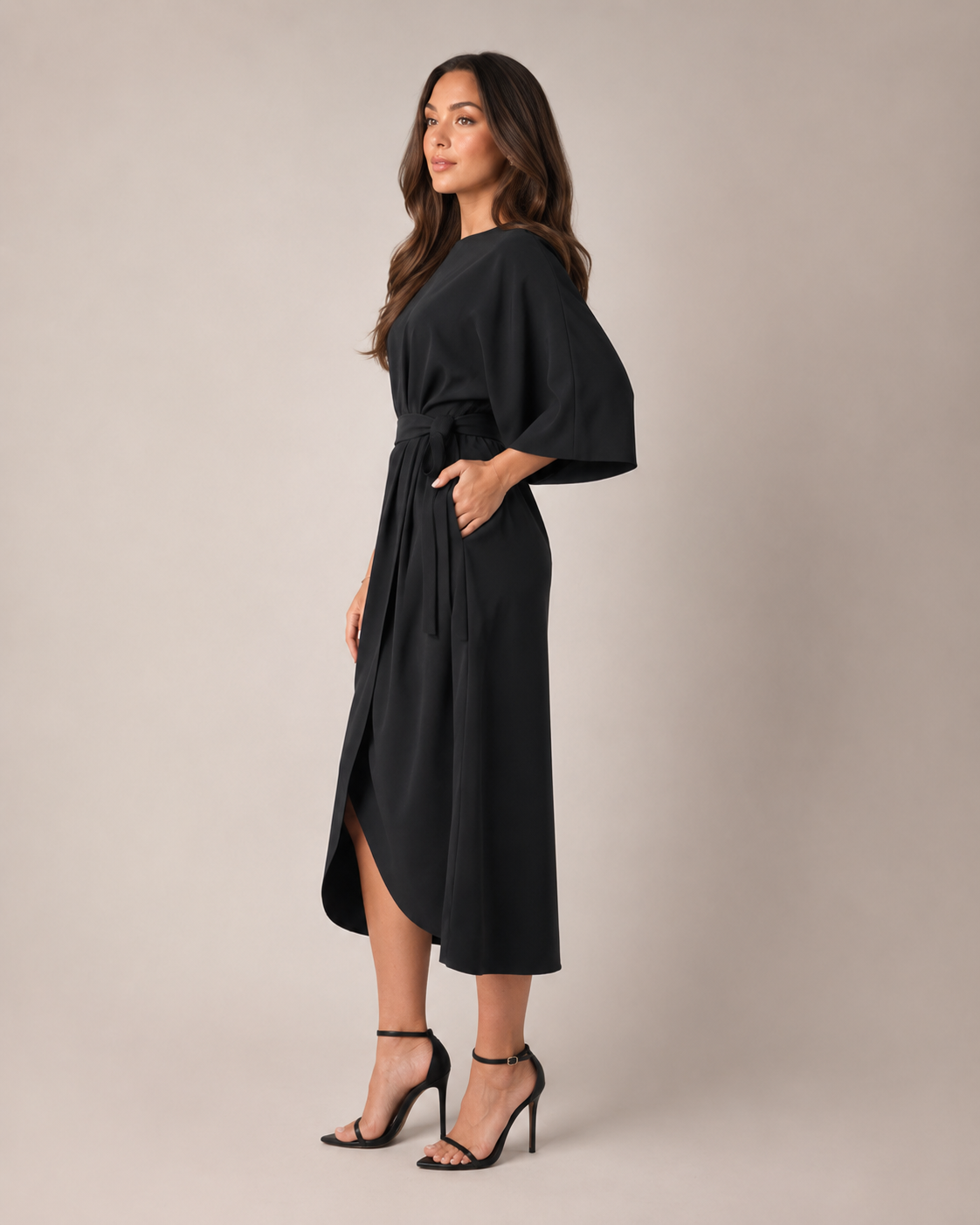 Women's Fitted Maxi Dress with Lace-Up Waist and Three-Quarter Sleeves