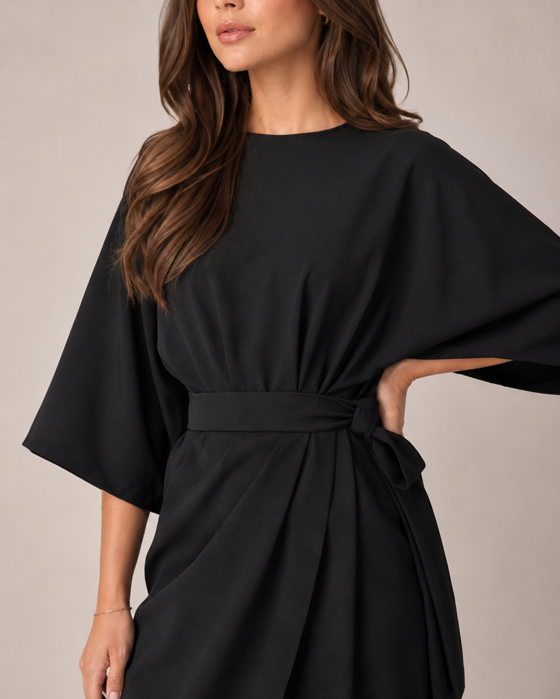 Women's Fitted Maxi Dress with Lace-Up Waist and Three-Quarter Sleeves