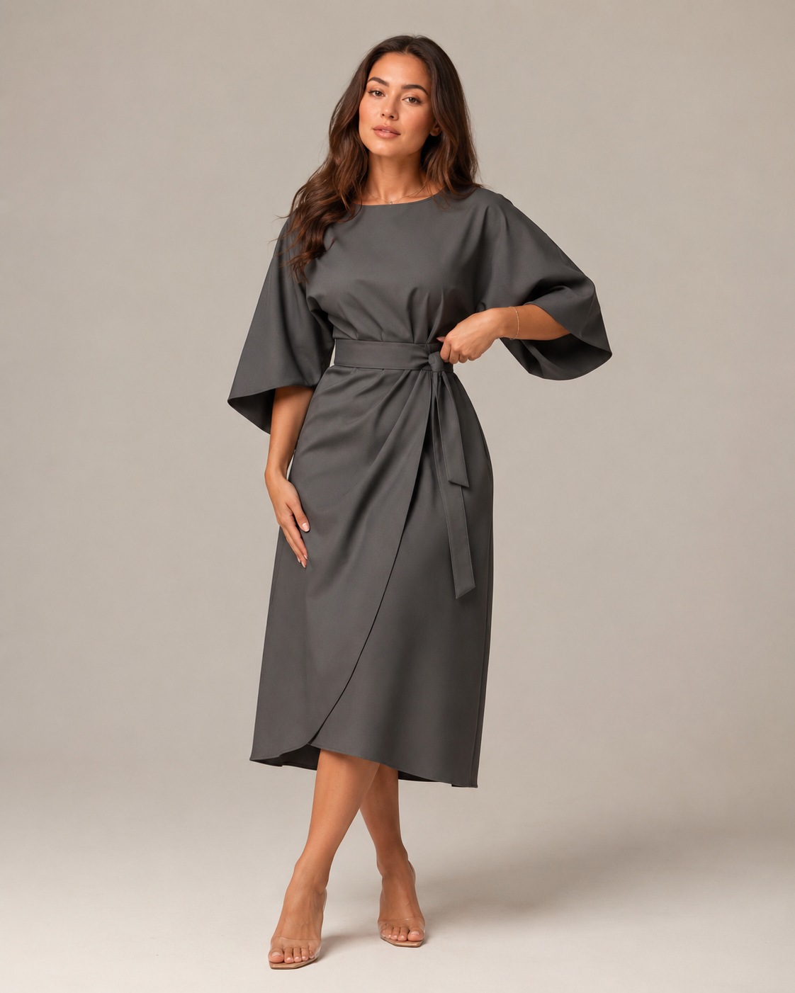 Women's Fitted Maxi Dress with Lace-Up Waist and Three-Quarter Sleeves