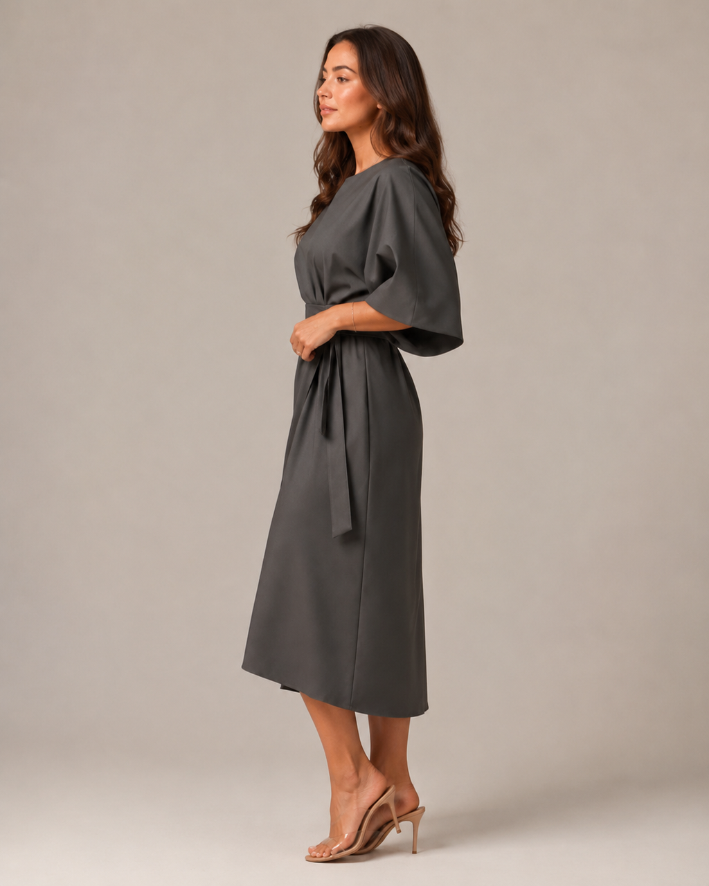 Women's Fitted Maxi Dress with Lace-Up Waist and Three-Quarter Sleeves