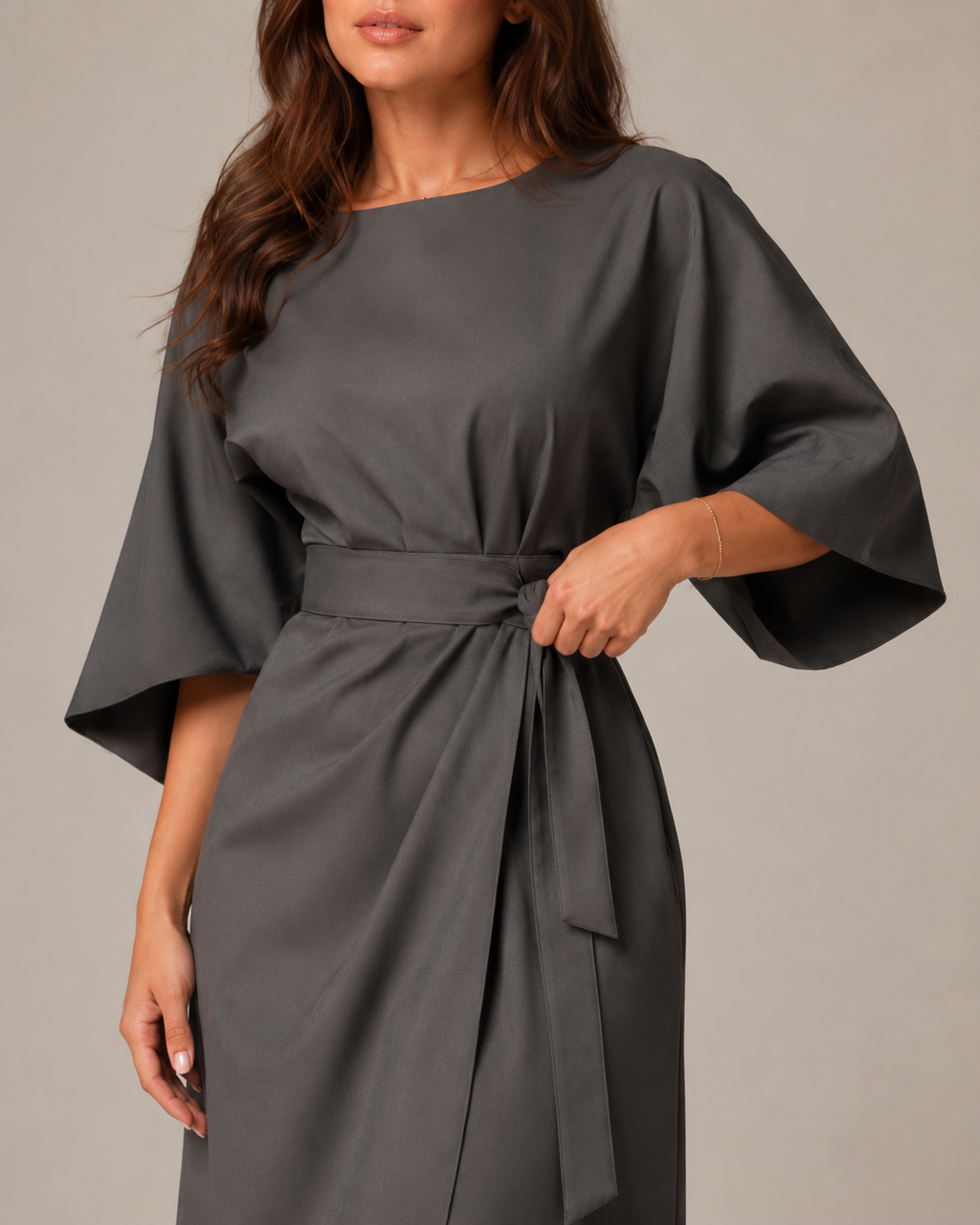 Women's Fitted Maxi Dress with Lace-Up Waist and Three-Quarter Sleeves