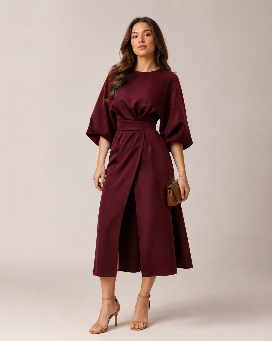 Women's Fitted Maxi Dress with Lace-Up Waist and Three-Quarter Sleeves