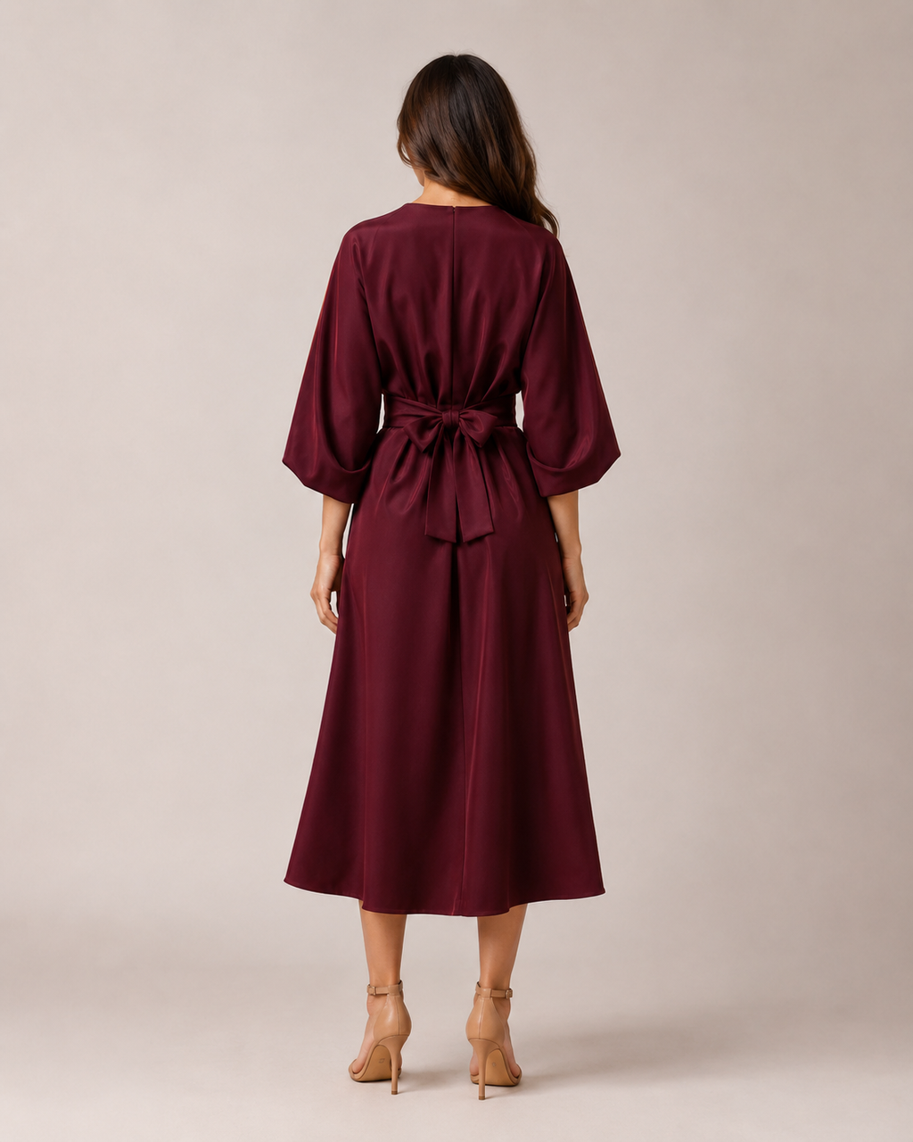 Women's Fitted Maxi Dress with Lace-Up Waist and Three-Quarter Sleeves