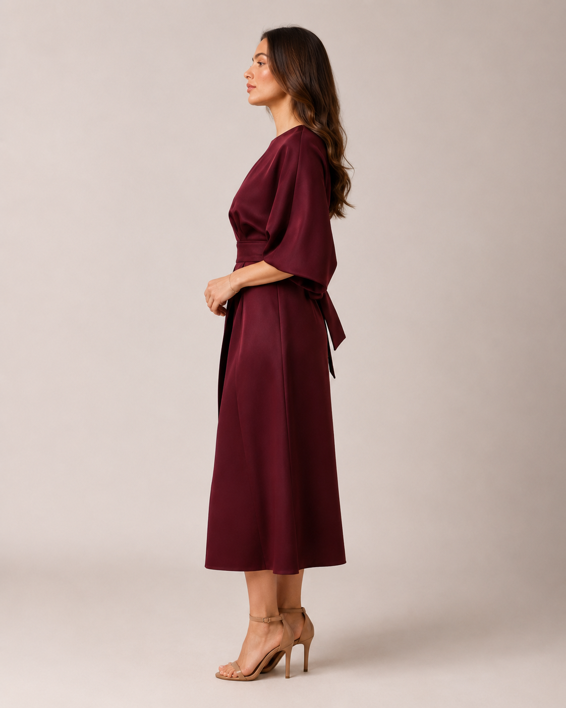 Women's Fitted Maxi Dress with Lace-Up Waist and Three-Quarter Sleeves