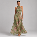 Women's Floral Halter Neck Chiffon Maxi Wedding Guest Dress