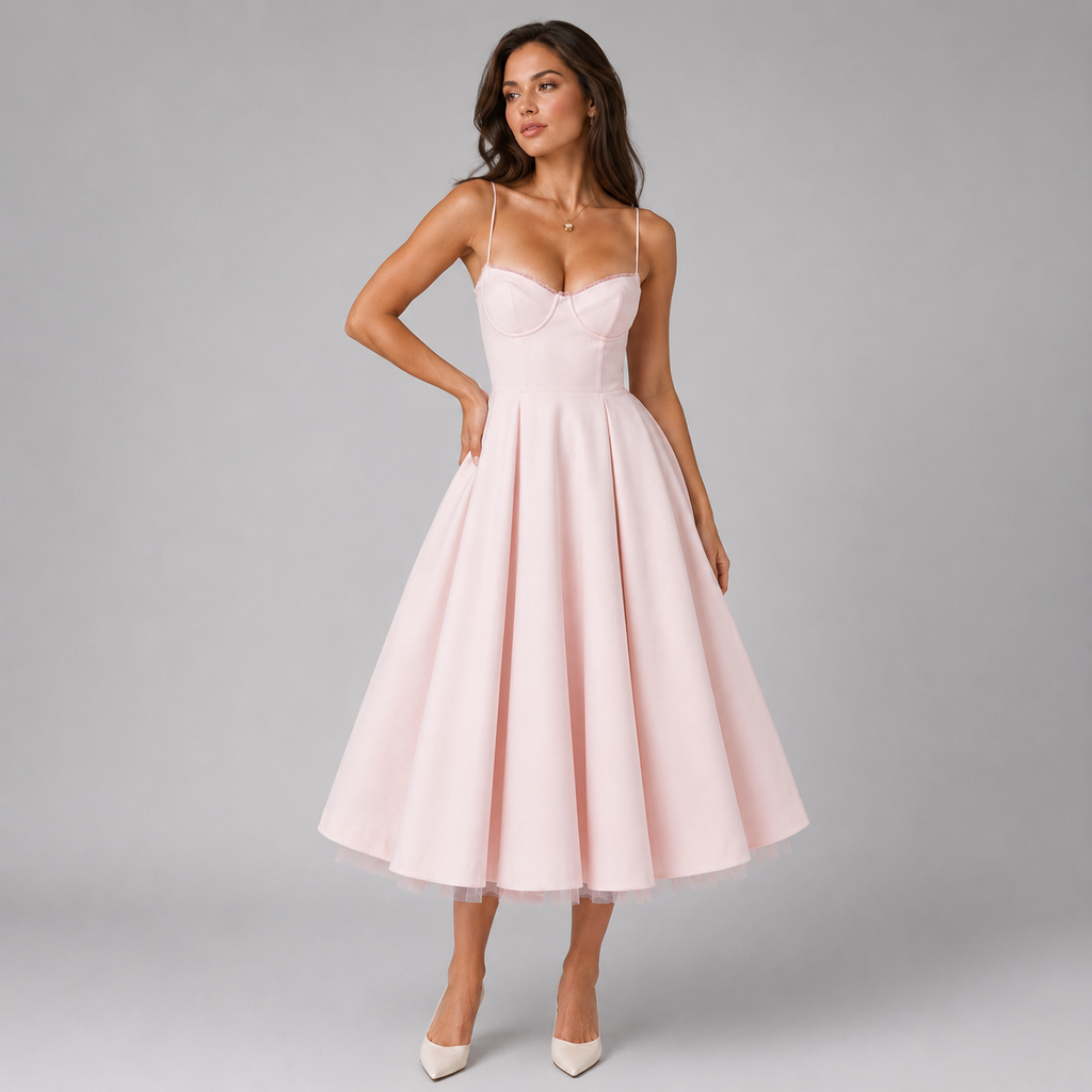 Women's Corset Midi Dress with Full Skirt – Wedding Guest Style