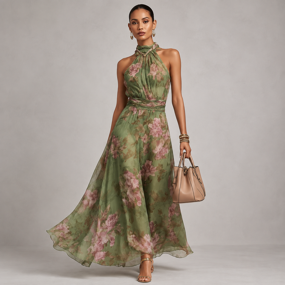 Women's Floral Halter Neck Chiffon Maxi Wedding Guest Dress