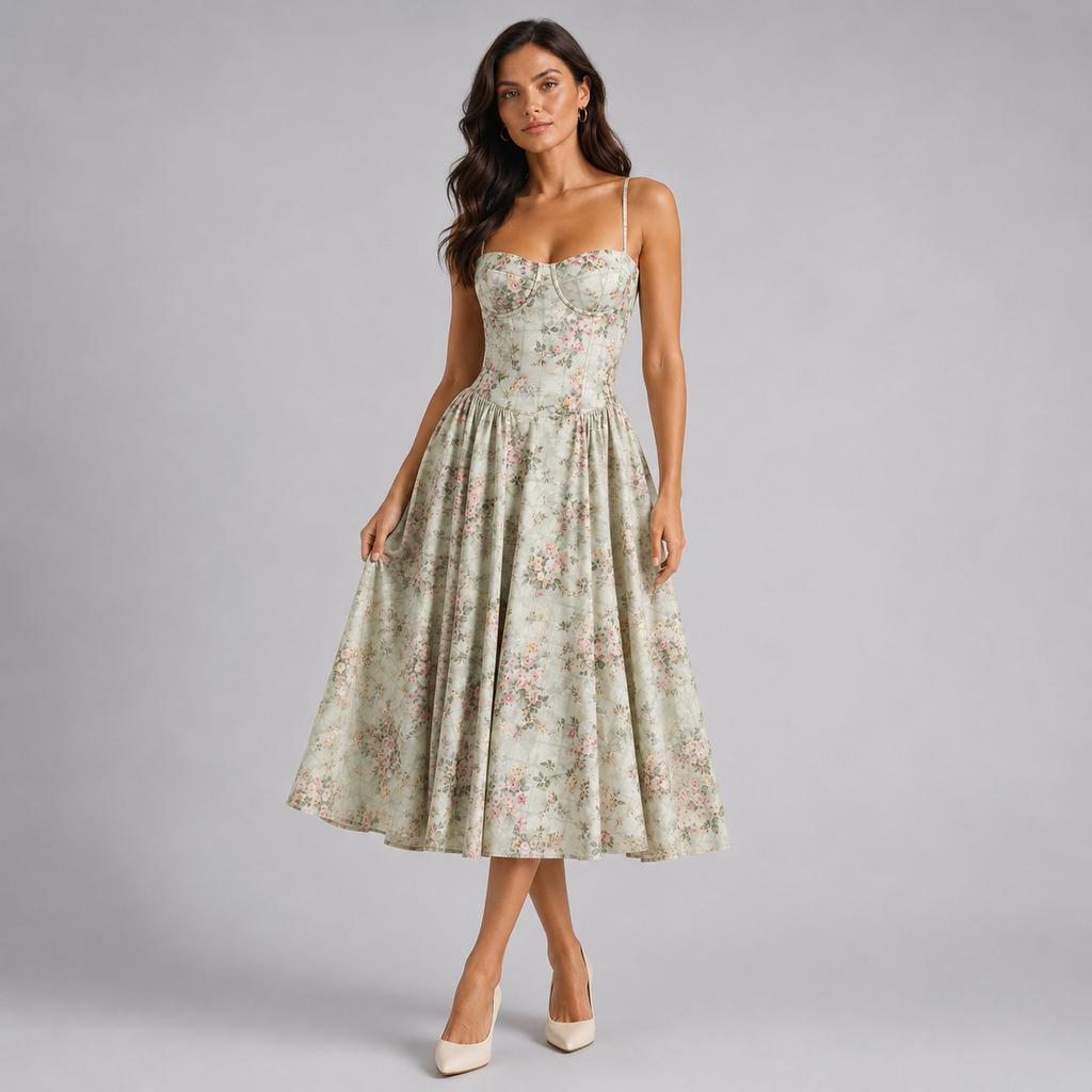 Women's Floral Corset Midi Dress – Wedding Guest Style