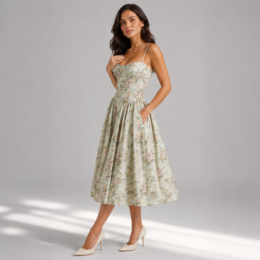 Women's Floral Corset Midi Dress – Wedding Guest Style