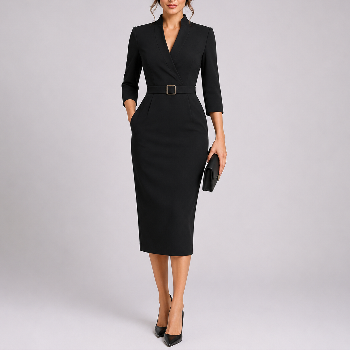 Abito midi elegante e aderente da donna con cintura