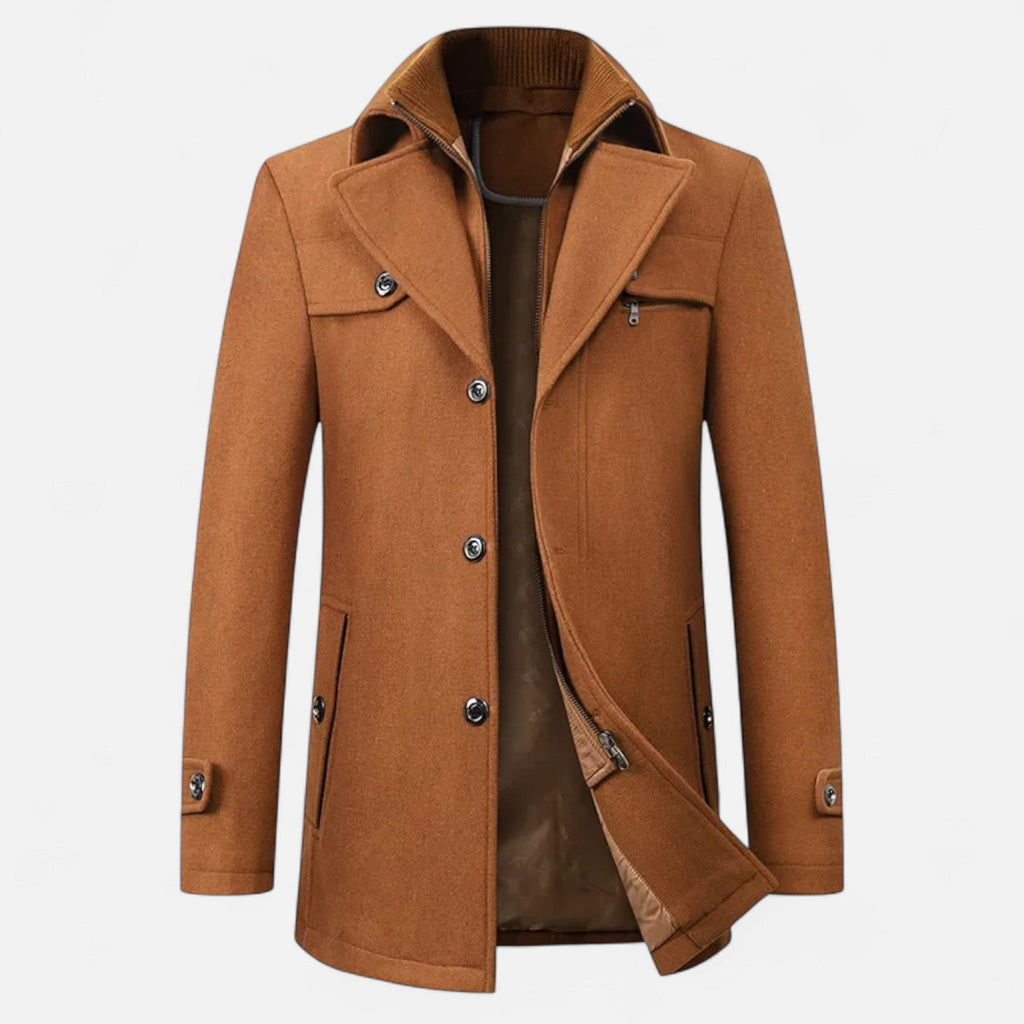 Men's Wool Trench Coat with Double Zip Collar
