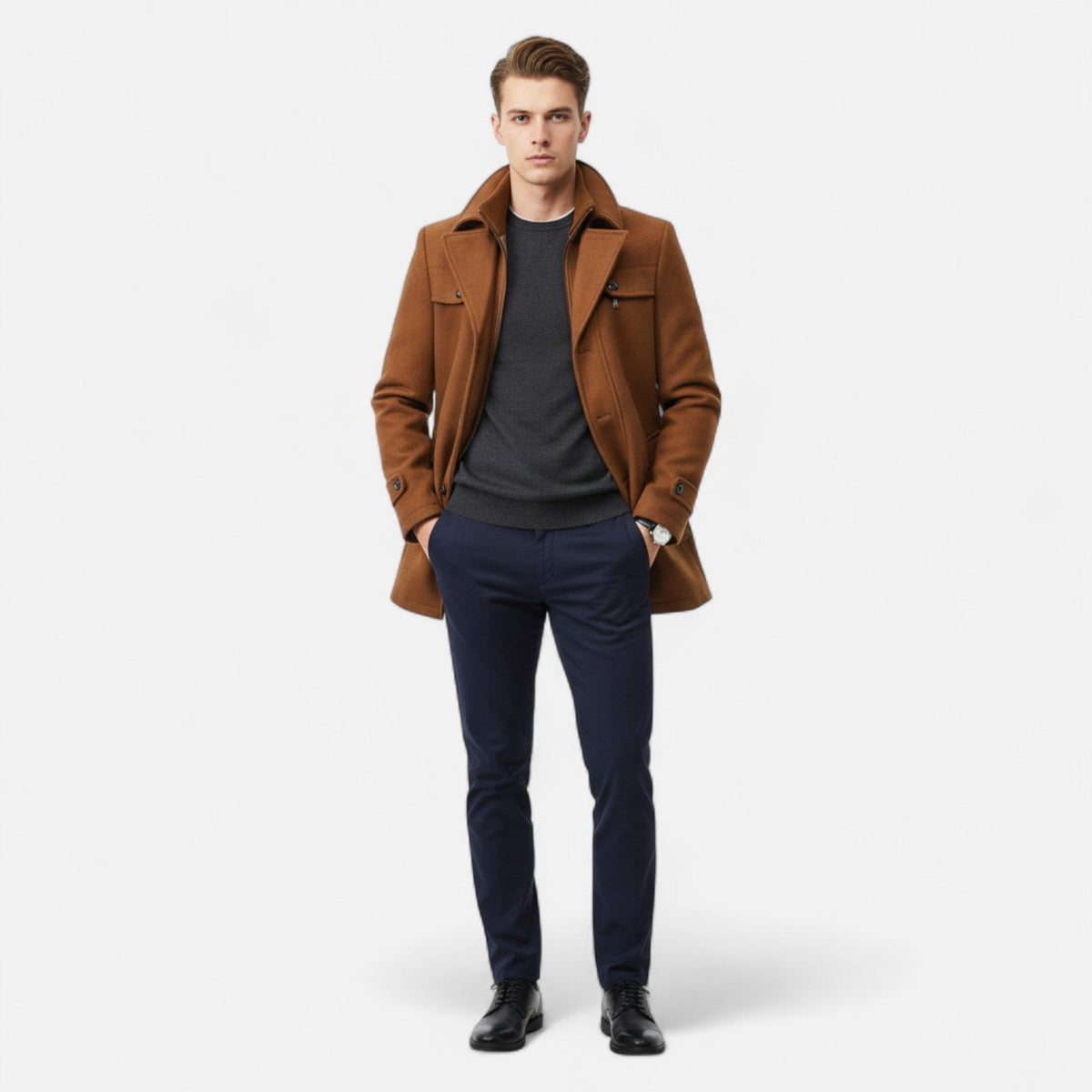 Men's Wool Trench Coat with Double Zip Collar
