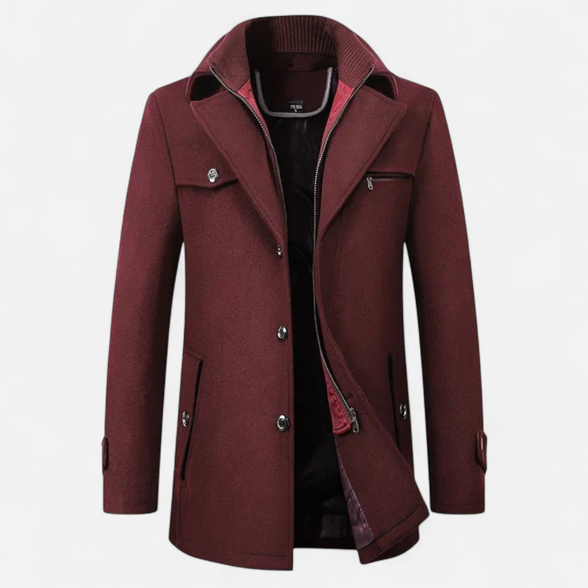 Men's Wool Trench Coat with Double Zip Collar