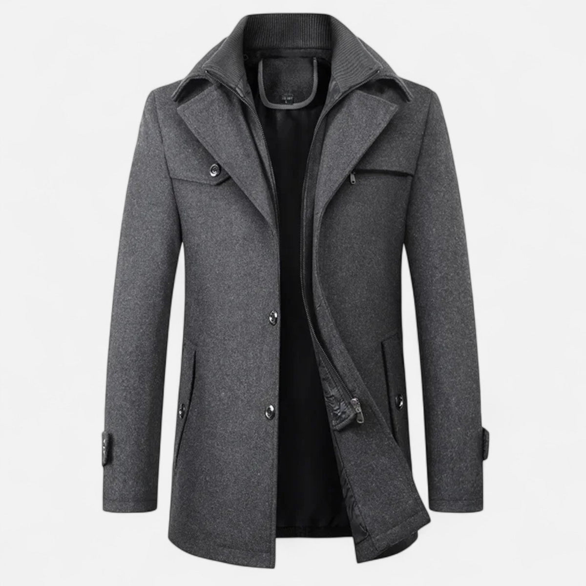 Men's Wool Trench Coat with Double Zip Collar
