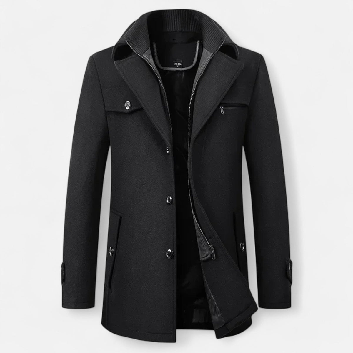 Men's Wool Trench Coat with Double Zip Collar