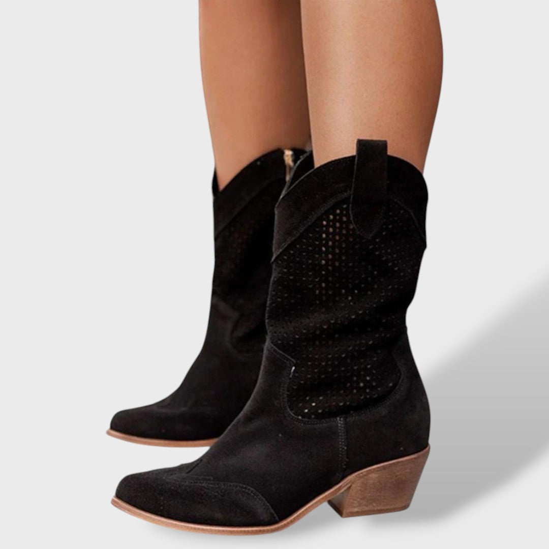 Women's Faux Leather Cutout Cowboy Boots - Block Heel