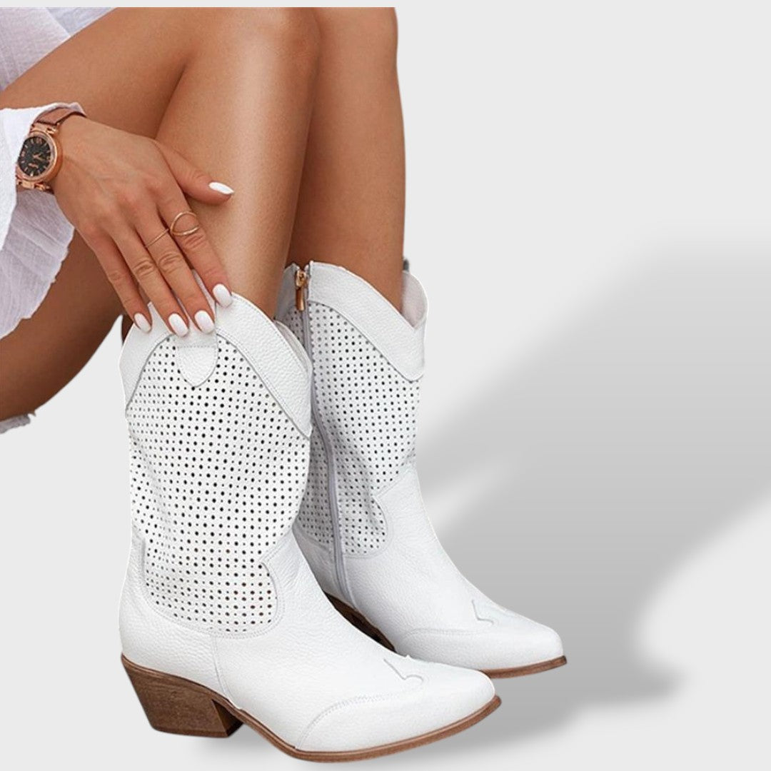 Women's Faux Leather Cutout Cowboy Boots - Block Heel