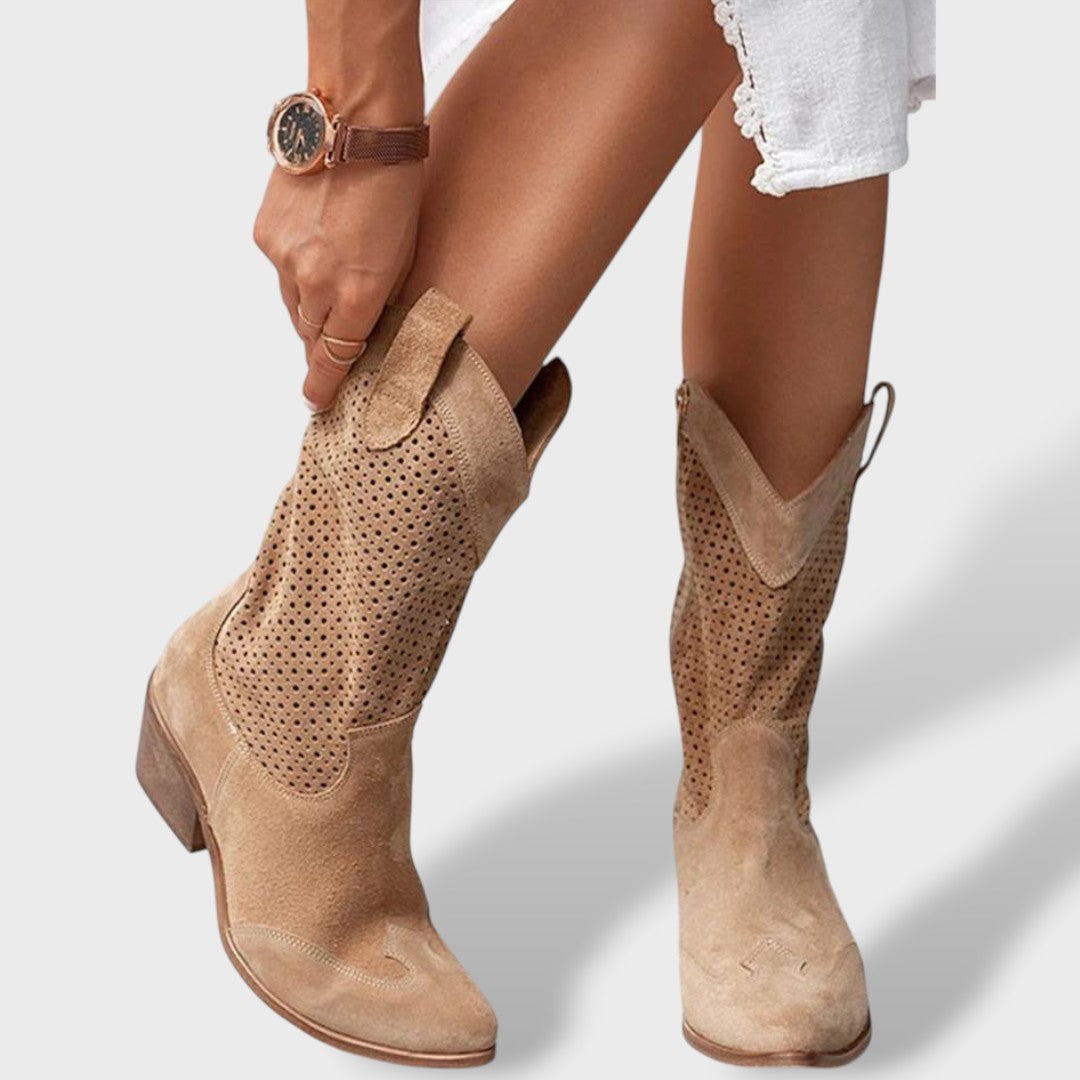 Women's Faux Leather Cutout Cowboy Boots - Block Heel
