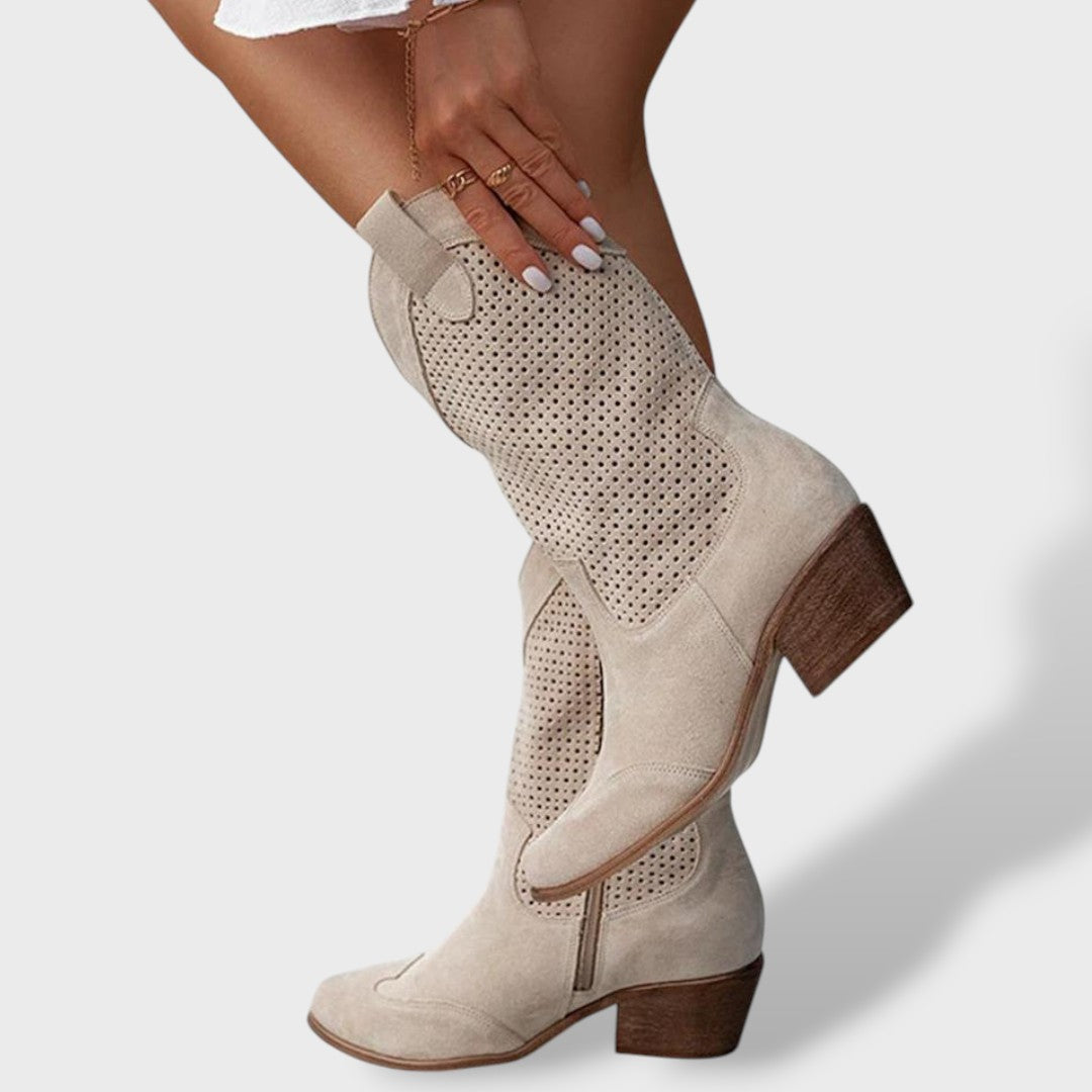 Women's Faux Leather Cutout Cowboy Boots - Block Heel