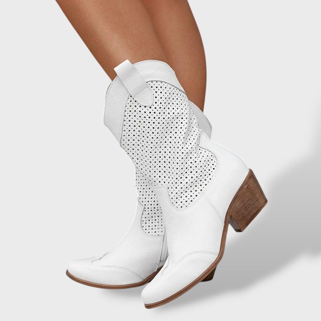 Women's Faux Leather Cutout Cowboy Boots - Block Heel