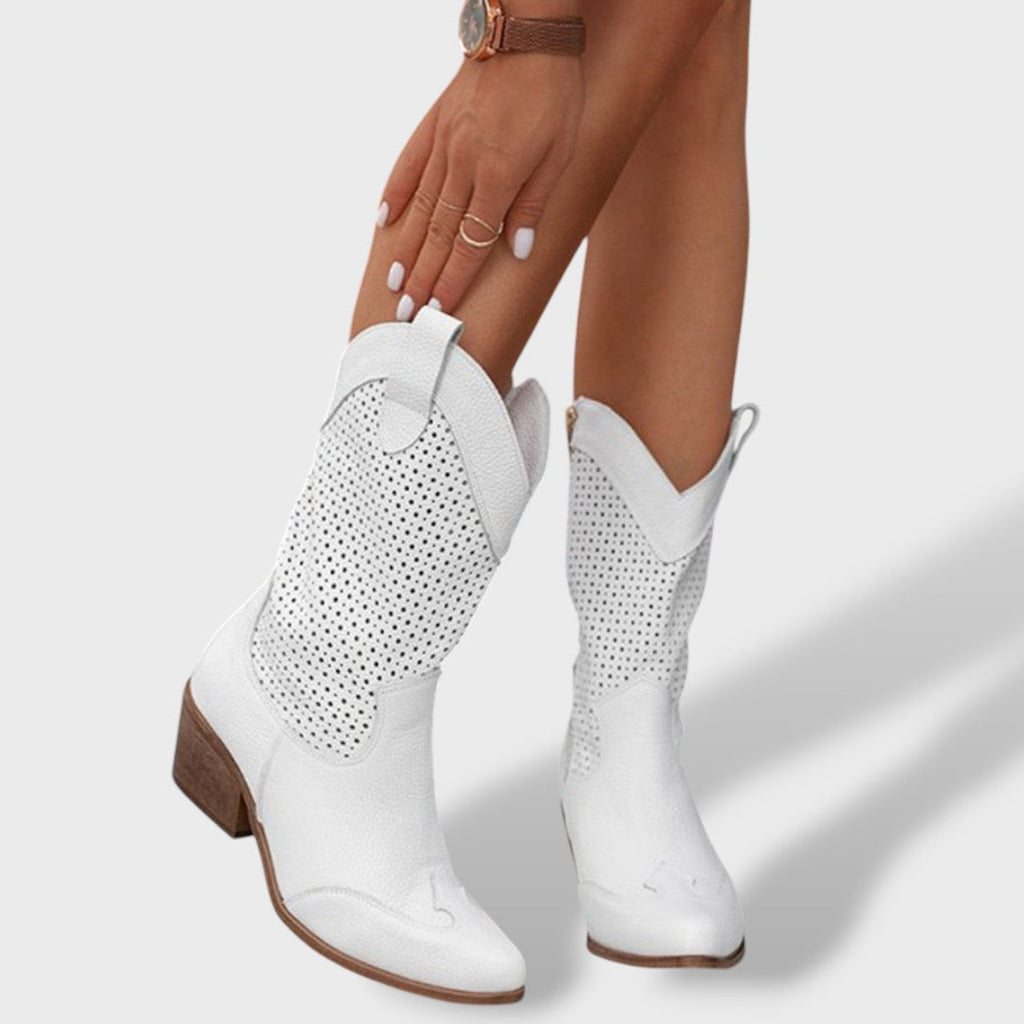 Women's Faux Leather Cutout Cowboy Boots - Block Heel