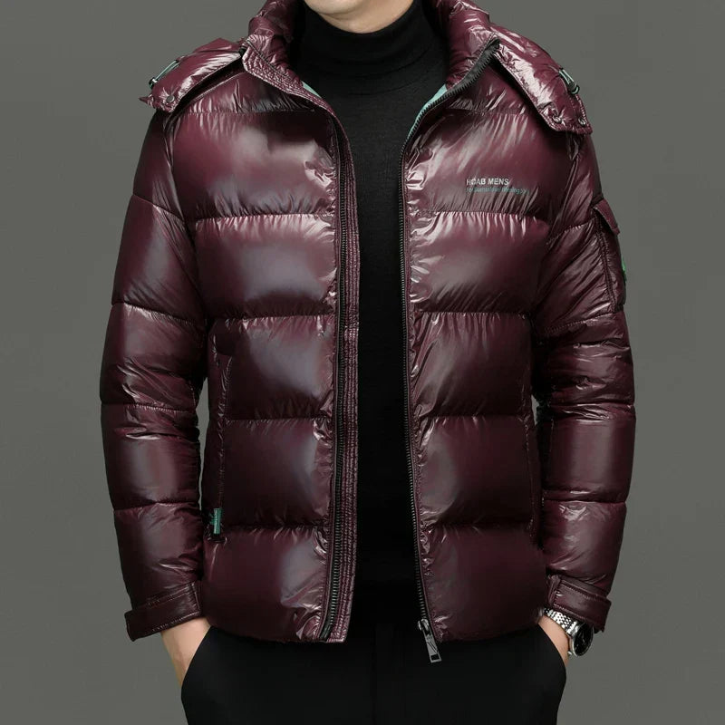 Men's Winter Down Puffer Jacket, Hooded Gloss Finish