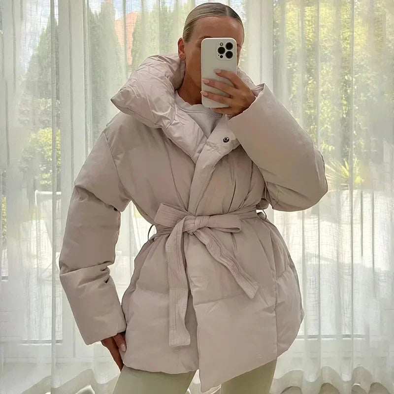 Women's Winter Puffer Jacket, Belted and High Collar