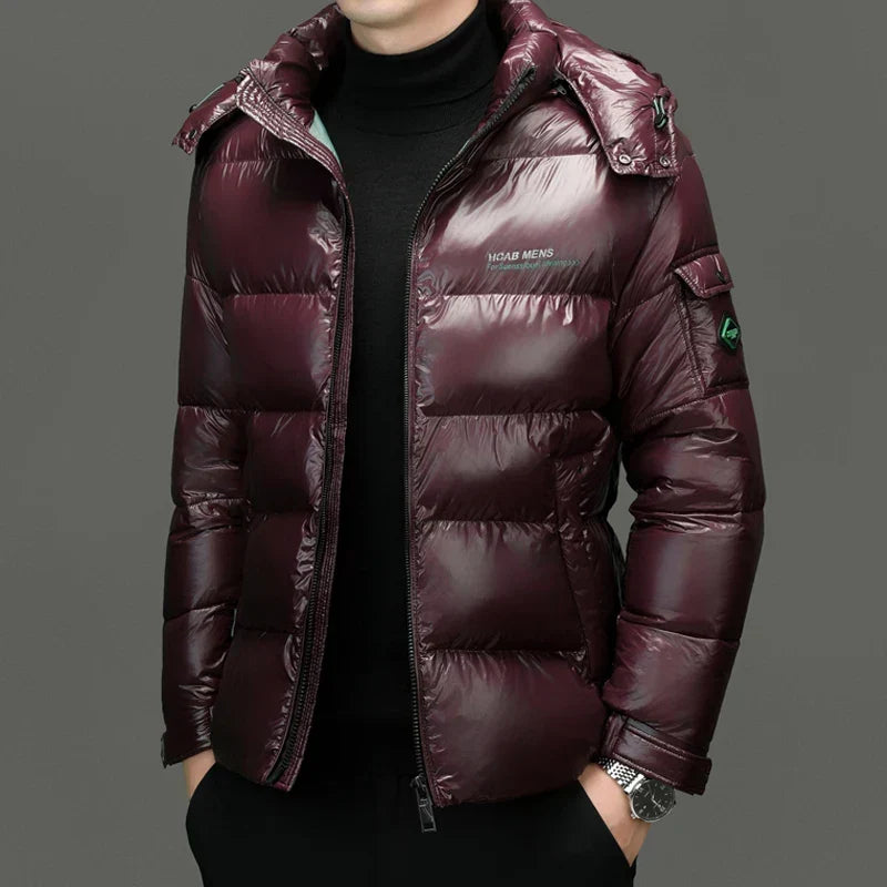 Men's Winter Down Puffer Jacket, Hooded Gloss Finish