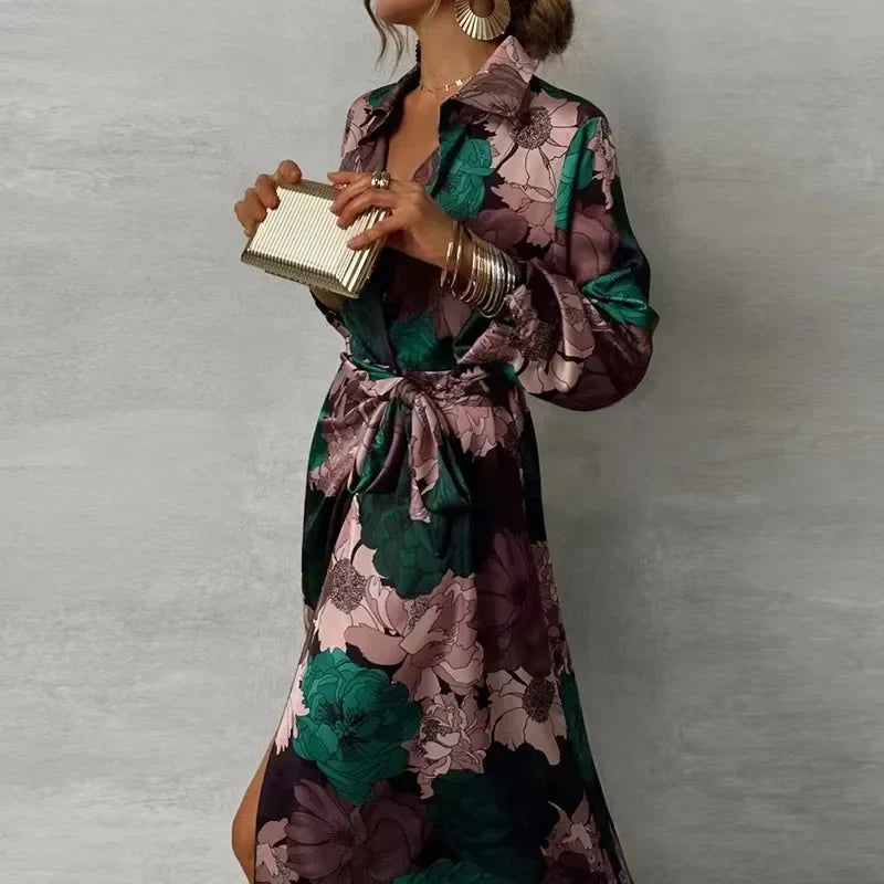 Abito lungo floreale da donna con cintura da annodare