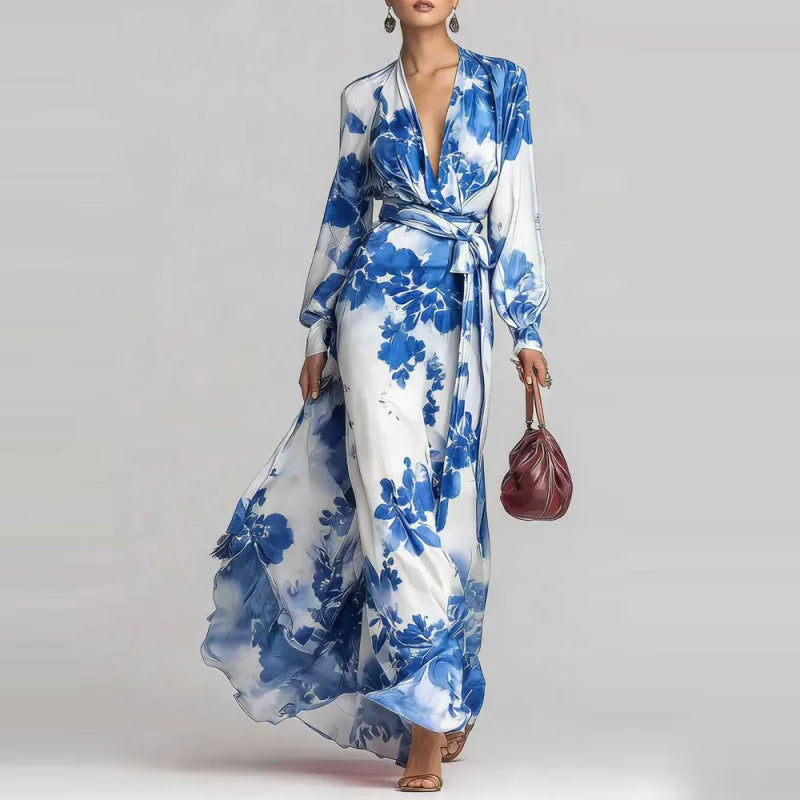 Vestido largo bohemio para mujer, con escote pronunciado en V y cintura con cinturón