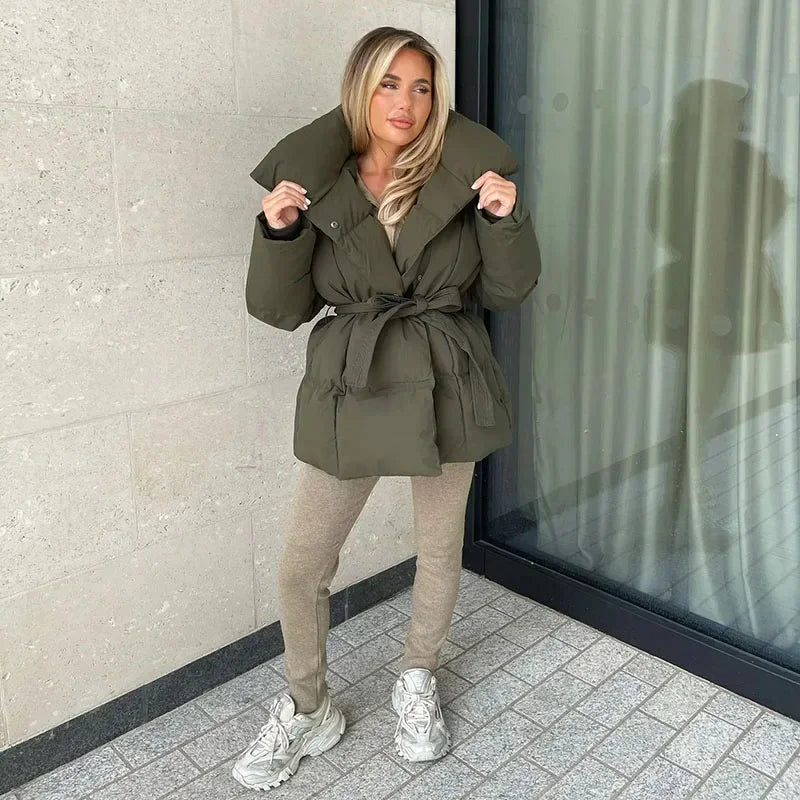 Women's Winter Puffer Jacket, Belted and High Collar