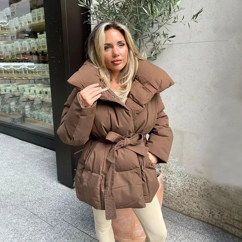 Women's Winter Puffer Jacket, Belted and High Collar