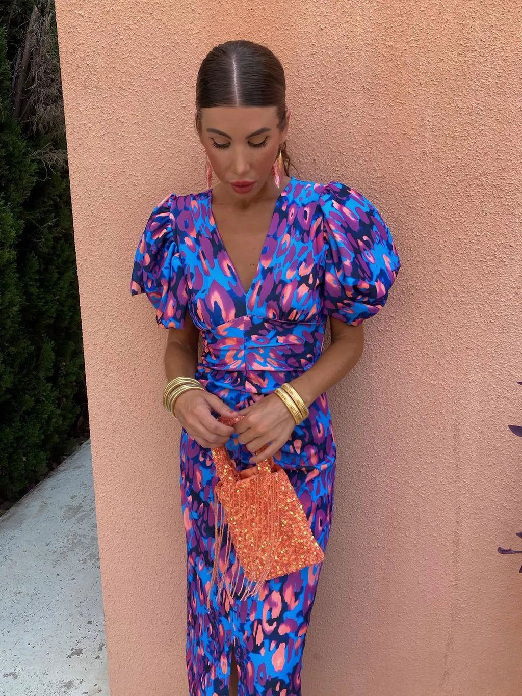 Women's Spring V-Neck Puff-Sleeve Dress