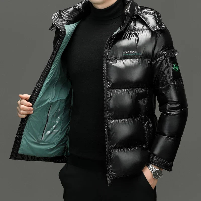 Men's Winter Down Puffer Jacket, Hooded Gloss Finish