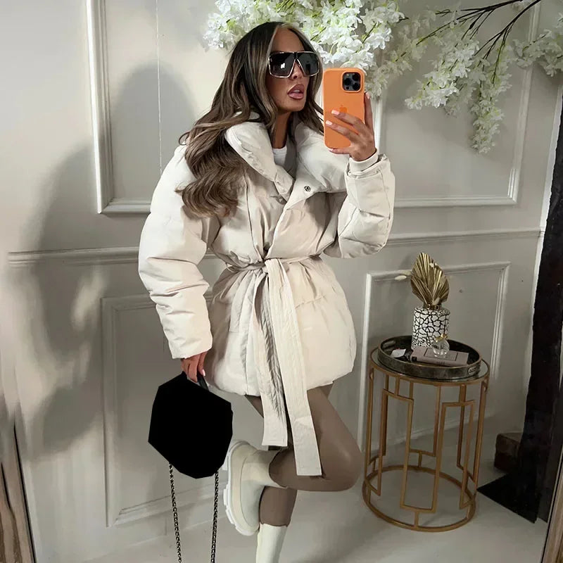 Women's Winter Puffer Jacket, Belted and High Collar