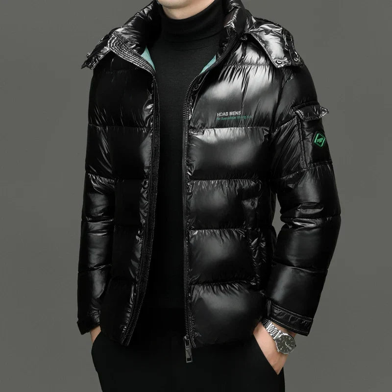 Men's Winter Down Puffer Jacket, Hooded Gloss Finish
