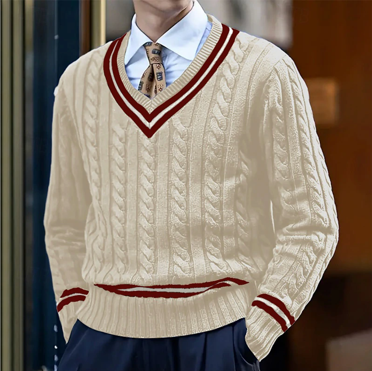 Maglione da uomo beige in lana a trecce con scollo a V